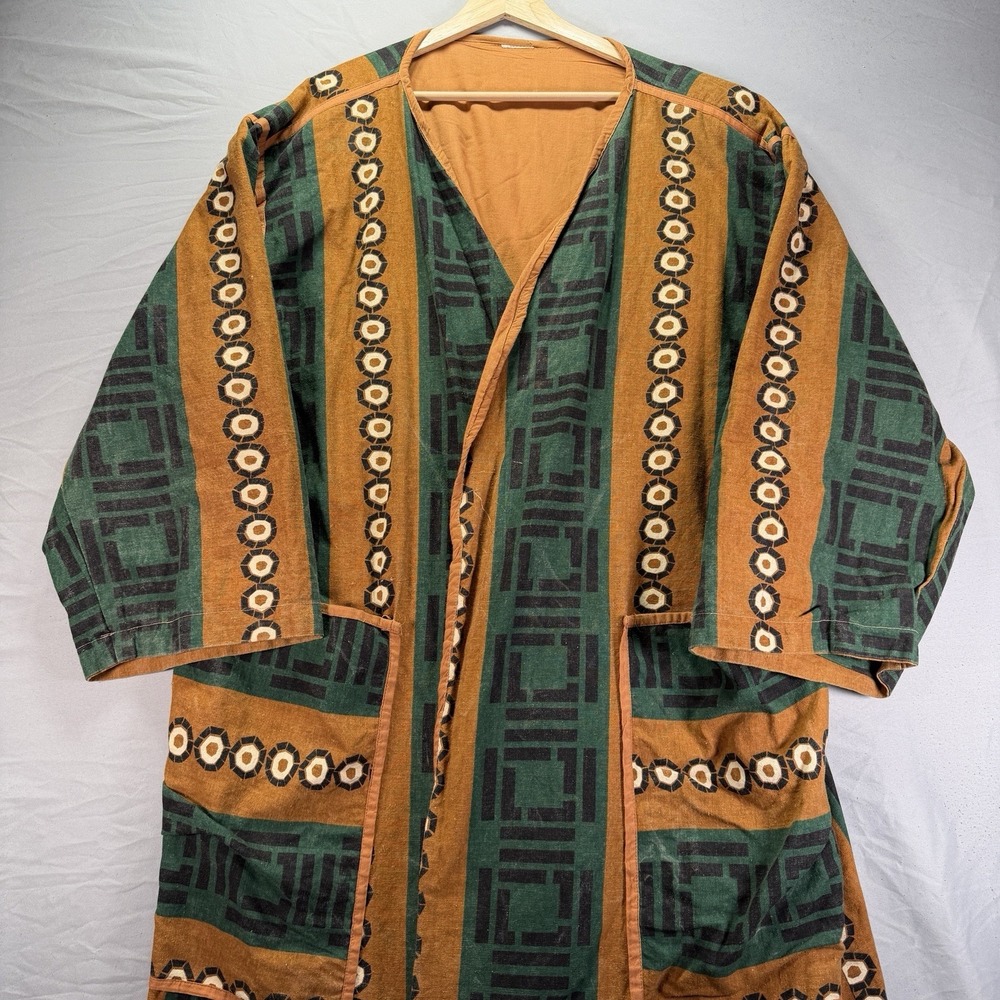 Vintage Japanese Kimono Robe Open Front Thick Heavy Cotton Geometric Ornate